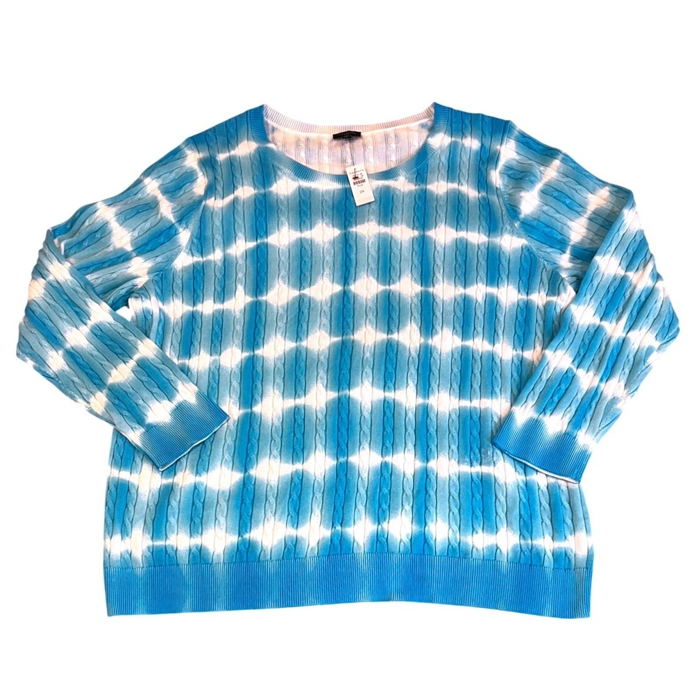 Talbots NEW with Tags Plus Size 2X Linear Tie Dye Cable Knit Sweater Blue White
